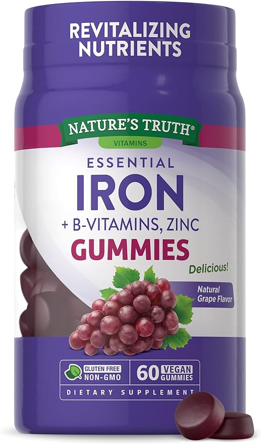 Nature's Truth Iron Gummies | 60 Count | Vegan, Non-GMO & Gluten Free Supplement | with Zinc & B Vitamins | Grape Flavor