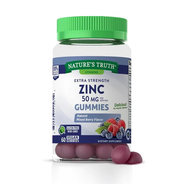 Zinc Gummies for Adults | 50mg | 60 Count | Vegan, Non-GMO & Gluten Free Supplement | Natural Mixed Berry Flavor | By Nature's Truth