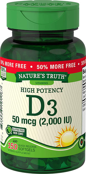 Nature's Truth Vitamin D3 2000 IU | 150 Softgels | High Potency | Non-GMO, Gluten Free
